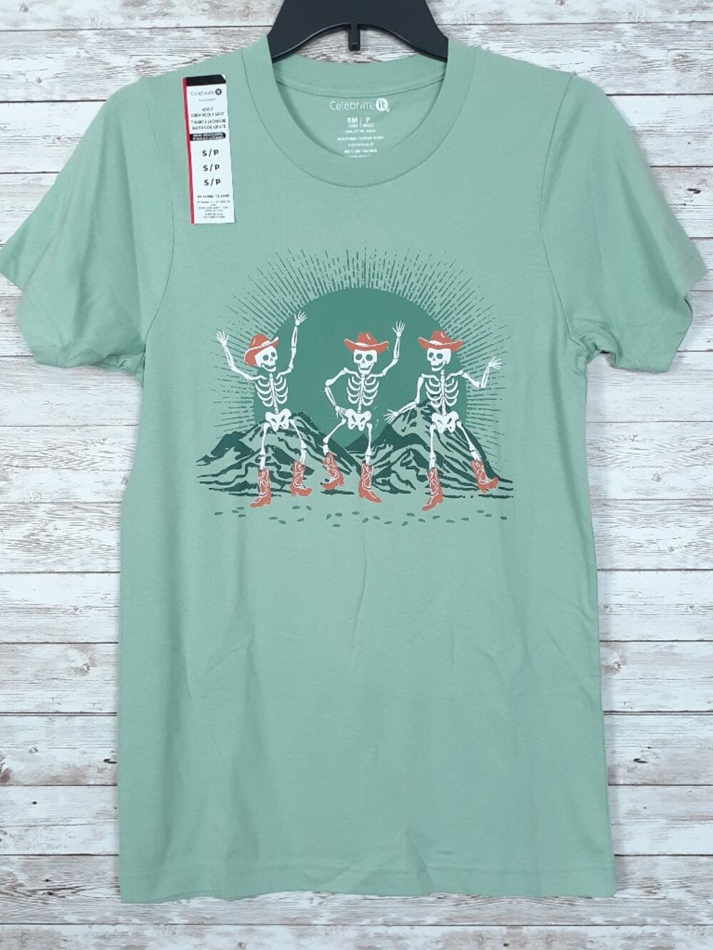 Halloween Adult Crew Neck T-Shirt S Tee Dancing Cowgirl Cowboy Skeletons 986A